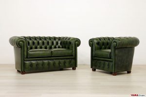 Petit salon Chesterfield vert en cuir