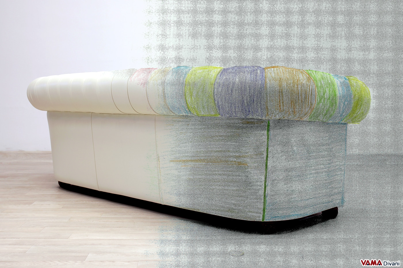 Vue arrière du canapé Chesterfield Arlequin sur mesure